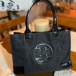 AUTH NWT TORY BURCH ELLA Logo Small Nylon Tote Shopper Bag In Black Color